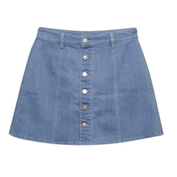 Celebrity Pink Denim Mini Skirt Sz 7 / 28 Button Front Stretch Blue – EUC - Picture 1 of 6